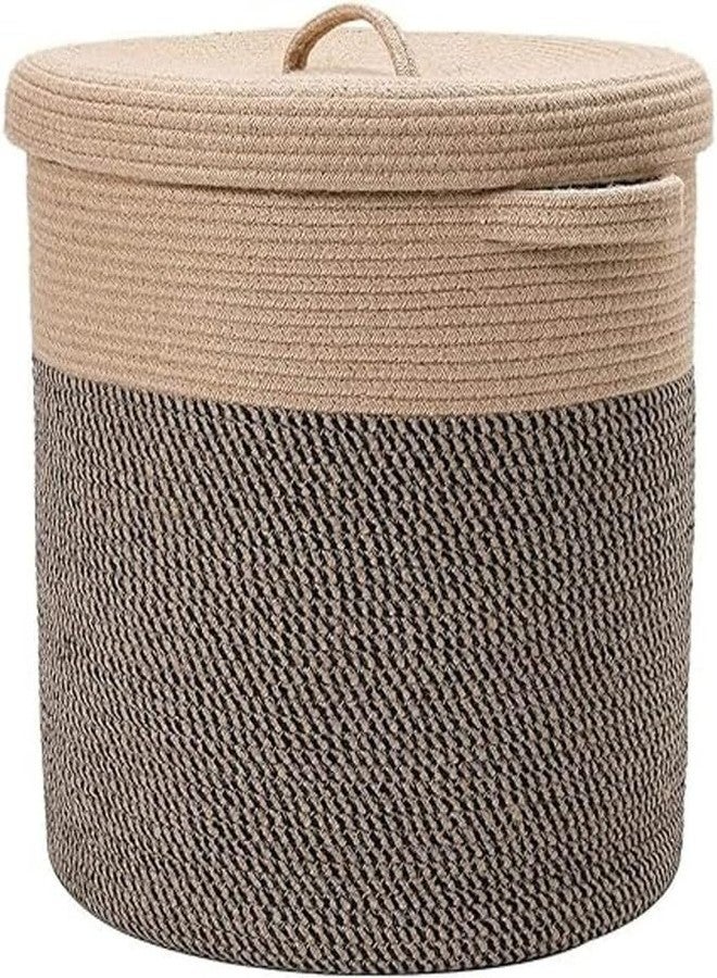 GRATIFY 12" x 12" x 14" Large Storage Basket With Lid, Cotton Rope Laundry Hamper for Blankets, Pillows in Living Room, Baby Nursery - Mix Dark Brown - Image 1